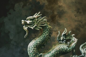 The majestic figure of a green wooden dragon, a traditional icon of the Chinese New Year, depicted against a serene monochrome background, watercolour