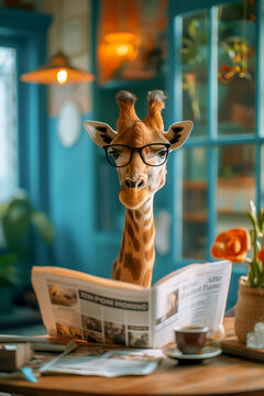 Portrait of a cute and funny giraffe with glasses sitting at a beautiful table in his kitchen and reading the morning press, newspaper