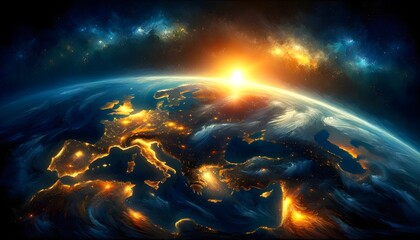 The image depicts a dramatic and artistic view of Earth with vividly illuminated landmasses, surrounded by the deep blue of the oceans and the cosmic backdrop of stars and nebulae.

