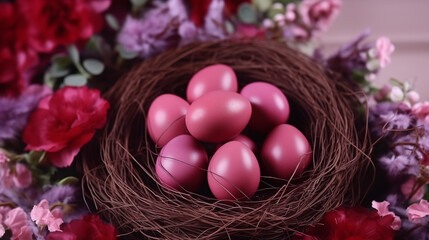 Fototapeta na wymiar A vibrant nest, adorned with delicate pink eggs nestled among a sea of lush purple flowers and verdant plants, evoking a sense of new life and beauty in nature