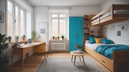 Fototapeta premium Bright youth dorm room with typical decoration and furniture