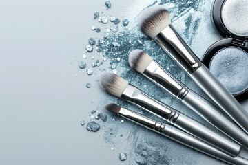 Silver make-up brushes and crushed silver eyeshadow on a light background - obrazy, fototapety, plakaty