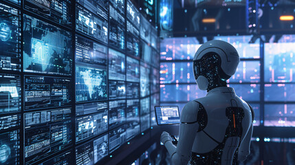 a robot is in front of a computer screen while looking at the screen, in the style of spectacular backdrops