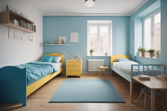 Bright youth dorm room with typical decoration and furniture