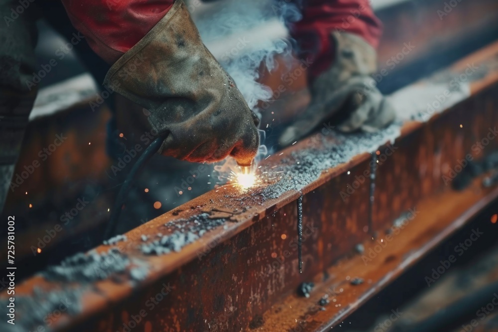 Poster a man is using a torch to weld metal. this image can be used to illustrate welding, construction, or