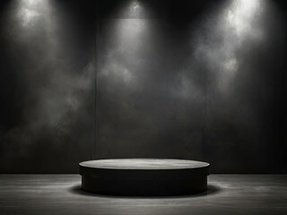 Abstract Black Smoke Podium: Dramatic Product Platform with Spotlight on a Dark, Atmospheric Stage
