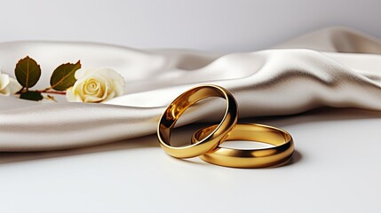 wedding rings on a linen light soft background, wedding invitation background. Generative AI