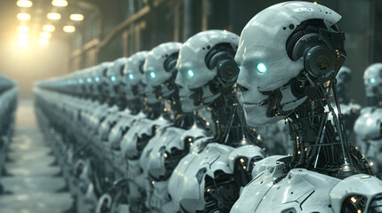 Fototapeta premium robots with blue eyes lined up for production, in the style of futuristic sci-fi aesthetic