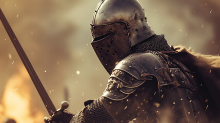 medieval knight wearing metal armor holding sword on blur background of war - obrazy, fototapety, plakaty