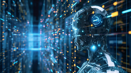 Obraz premium robot in the data center of data, in the style of futuristic fragmentation, realistic hyper-detailed rendering, light-focused