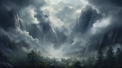 Dramatic images capturing dynamic cloud formations drifting over a mountainous waterfall, adding an extra layer of intensity to the already powerful scenery - obrazy, fototapety, plakaty
