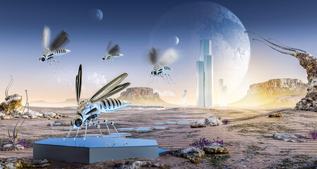Wide surreal alien landscape with high-tech robotic mosquitos in the foreground