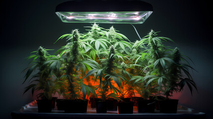 Cannabis plants in a grow room under lights