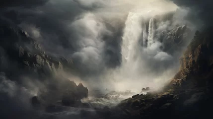Poster Dramatic images capturing dynamic cloud formations drifting over a mountainous waterfall, adding an extra layer of intensity to the already powerful scenery © Abdul