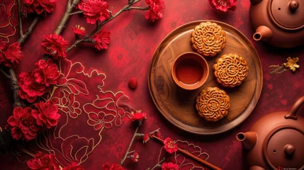 Fotobehang a traditional moon cake accompanied by a teapot, presented in a picturesque landscape format that evokes the cultural significance and festive spirit of the occasion. © lililia