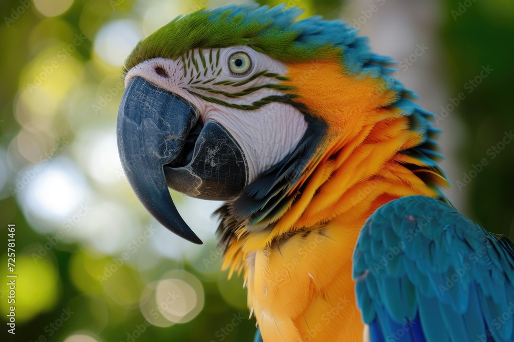 Poster a close-up shot of a parrot with a blurry background. this image can be used for various purposes