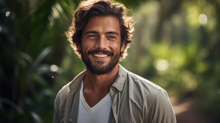 a man smiling outdoors in country side - obrazy, fototapety, plakaty