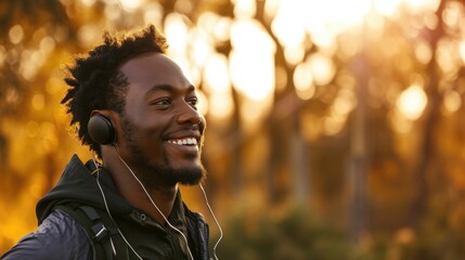 a smiling man listening to a music while running, in the style of dark green and light amber