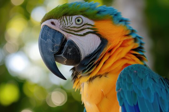 A close-up shot of a parrot with a blurry background. This image can be used for various purposes