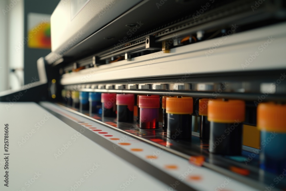 Poster a machine with colored ink on it. can be used for printing or artistic purposes