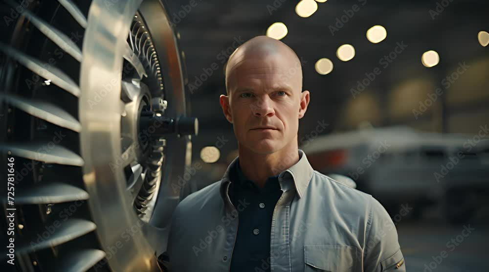 Wall mural a man standing in front of a jet engine