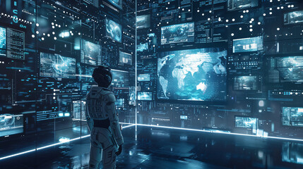 a robot is in front of a computer screen while looking at the screen, in the style of spectacular backdrops