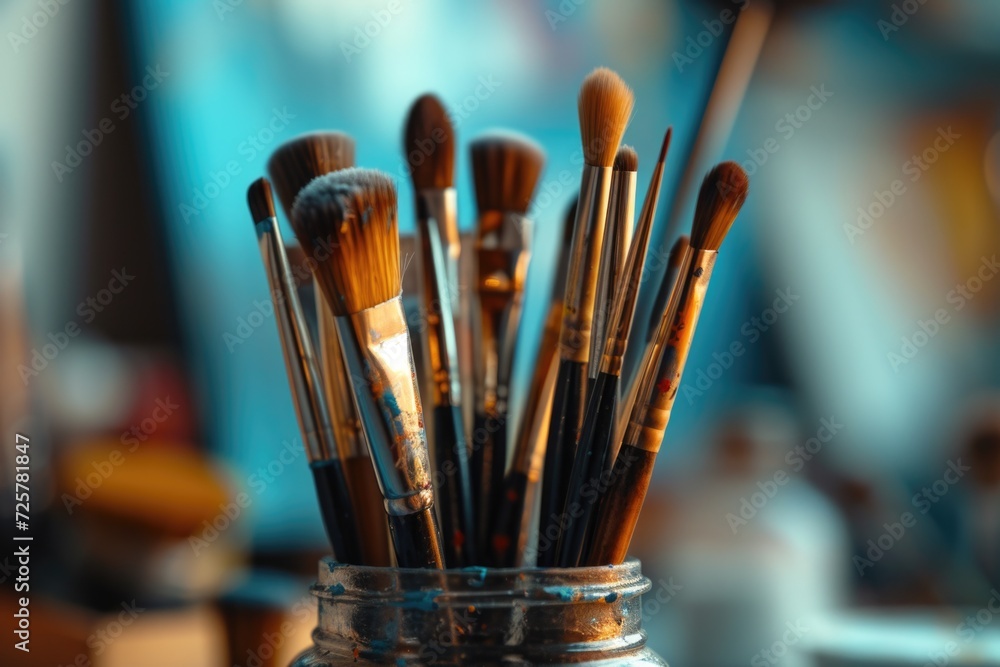 Poster a jar filled with brushes sitting on top of a table. perfect for artistic and creative projects