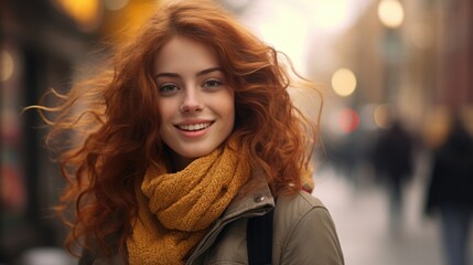 a young woman walking on the street outdoors smiling, in the style of romantic academia