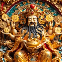Naklejka premium Chinese God of wealth with gold ingots. 3D illustration.