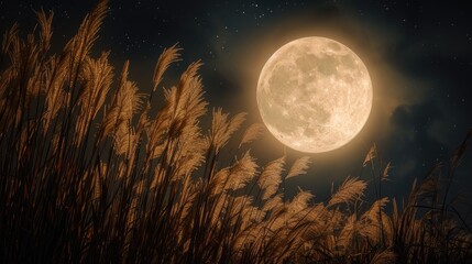 the full moon juxtaposed with the delicate elegance of pampas grass, creating a harmonious scene that evokes a sense of tranquility and wonder.