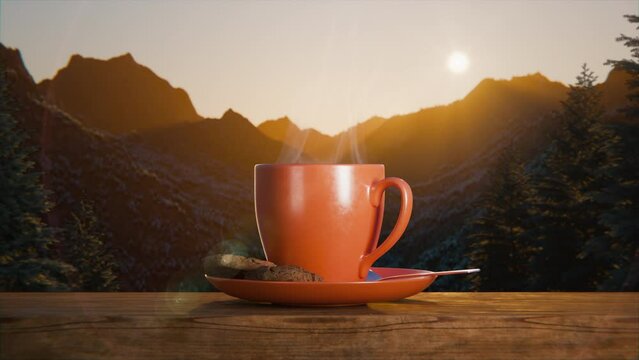 A cup of steaming coffee against the backdrop of sunrise. Cup with saucer and cookies on a wooden parapet. Behind her are forested mountains, above which an orange sun rises in the haze. Close up.