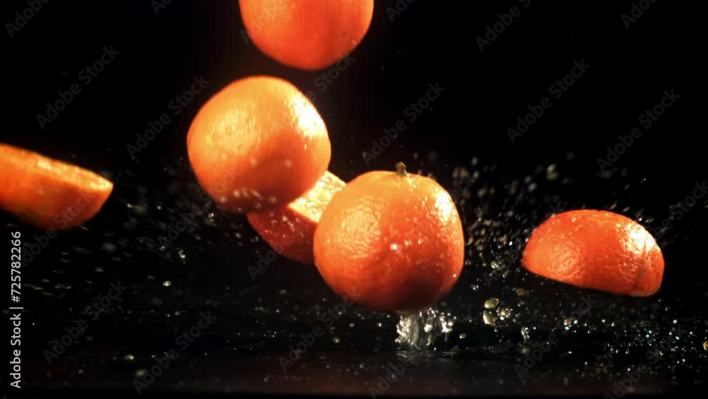 Wall mural slices of fresh tangerines falling on black background. filmed on a high-speed camera at 1000 fps. h