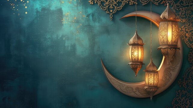 a lantern and crescent moon in luxurious style, evoking the spirit of Ramadan Kareem, Mawlid, and Iftar celebrations, with ample copy space for personalized messages or event details.