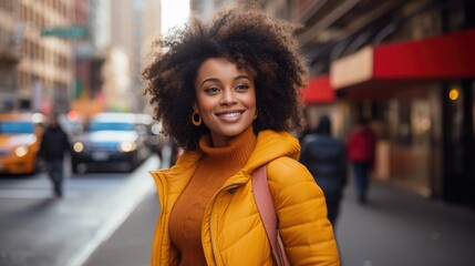 Fototapeta premium a young woman is smiling at the camera in a dark street, in the style of multicultural fusion