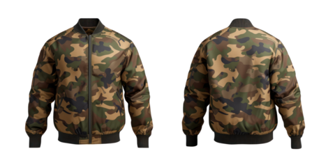 A jacket in camouflage colors, front and back view, mockup, transparent or isolated on white background