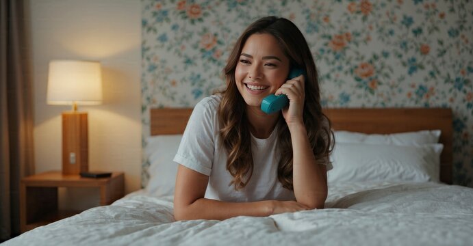  Snapshot of a joyful young woman on bed, speaking on the phone
