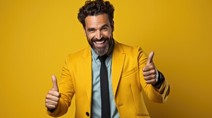man giving thumb up against yellow background, in the style of playful appropriation