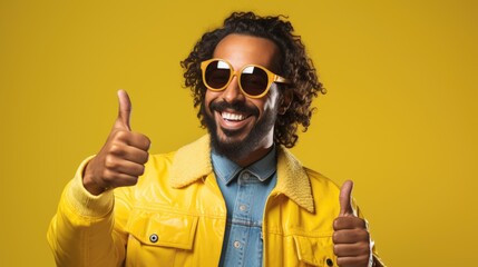 man giving thumb up against yellow background, in the style of playful appropriation