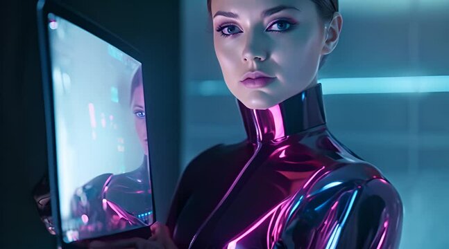 woman in futuristic bodysuit holding tablet computer