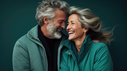 a senior couple hugging and hugging outdoors, in the style of happycore, gray and emerald