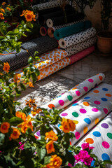 Fototapeta premium Generative AI illustration of rolls of colorful polka dot fabric