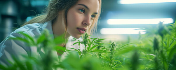 Researcher Evaluating Cannabis in Grow Room.
Focused researcher evaluating cannabis plants in indoor grow room.