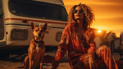 Obraz premium young woman and a dog sitting in front of an rv, in the style of dark orange and light amber