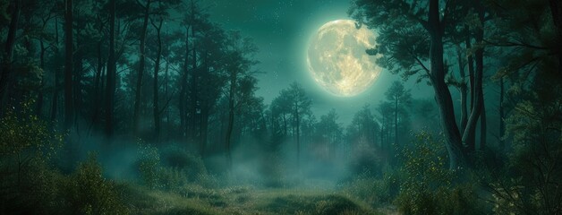 Fototapeta premium a full moon shining brightly amidst the dark woods, offering a captivating view of the fantasy forest panorama under the moonlit sky.