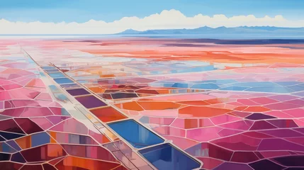 Fototapeten  High-altitude perspectives showcasing geometric salt ponds and vibrant colors in a coastal landscape © Abdul