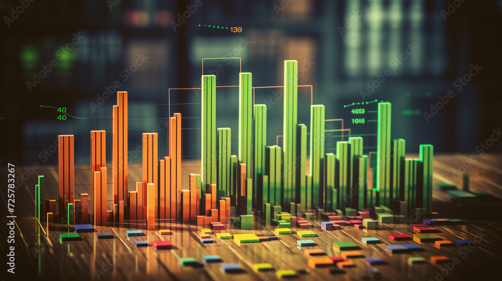 Poster red green charts and graphs in a4 page on table top view, ai generated image