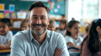 Portrait of smiling male teacher in a class at elementary school looking at camera with learning students on background - obrazy, fototapety, plakaty