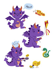 Obraz premium Cute hand drawn flat dragon teens sticker set
