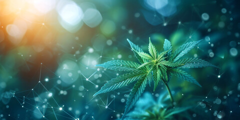 Cannabis Leaves under Radiant Sunbeams.
Cannabis plant basking in radiant sunlight with dew drops.
