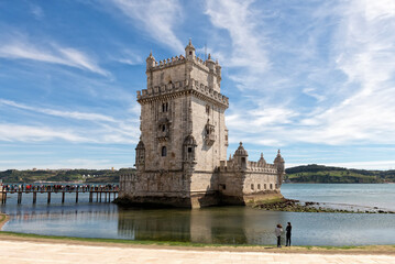 Torre de Belem, Belem Tower or Tower of Saint Vincent, with people queuing to visit it on the left